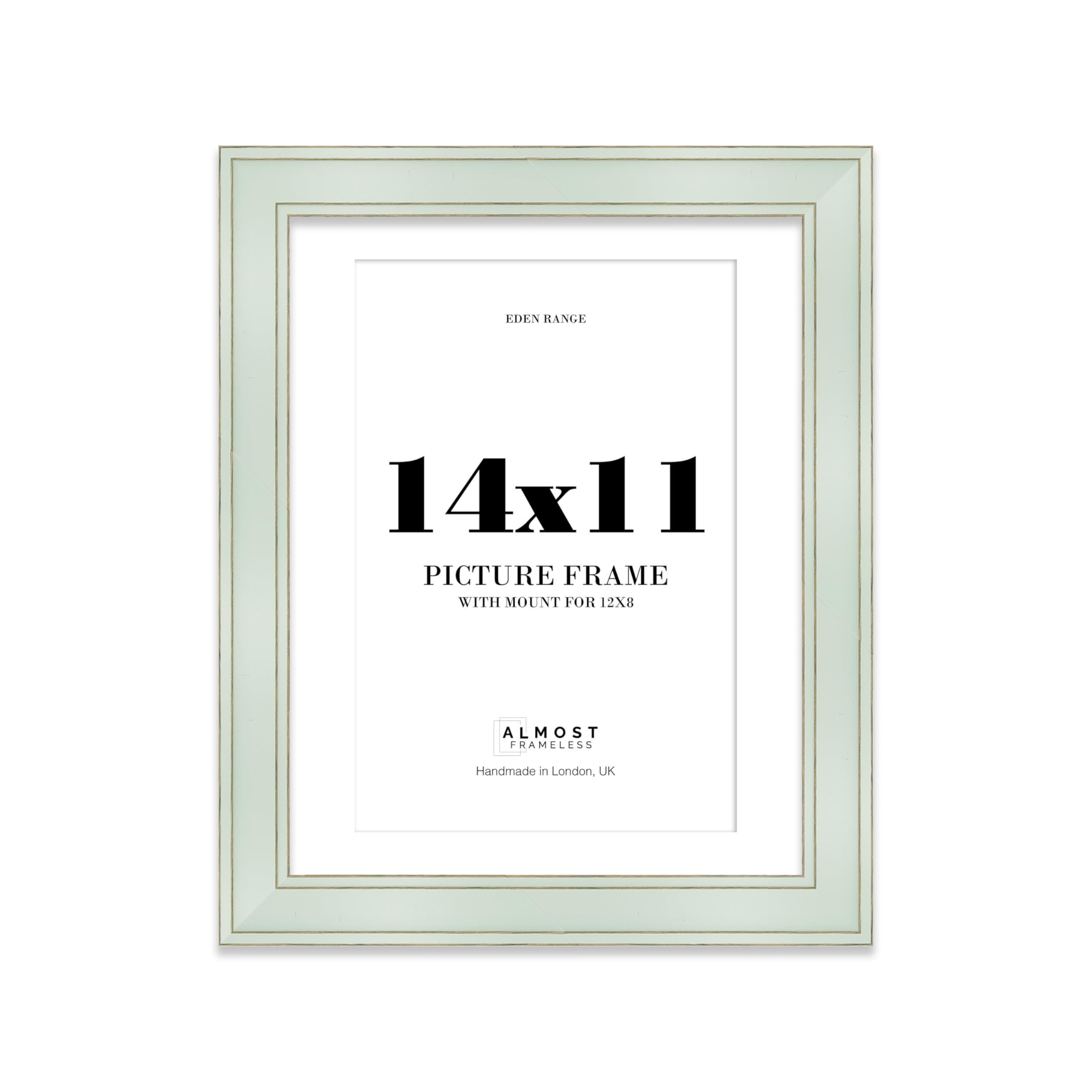 14x11" Sage Green Picture Frame with 12x8" Mount - Shabby Chic Photo Frame with Distressed Finish, Gold Trim, Wall Hooks and Kickstand, 37mm Edge - 1 Pack