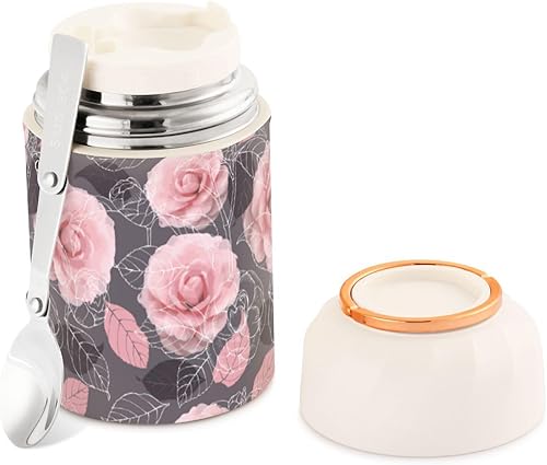 Camellia Food Jar with Spoon Stainless Steel Vacuum Insulated Food Container 17 oz Thermos for Lunch