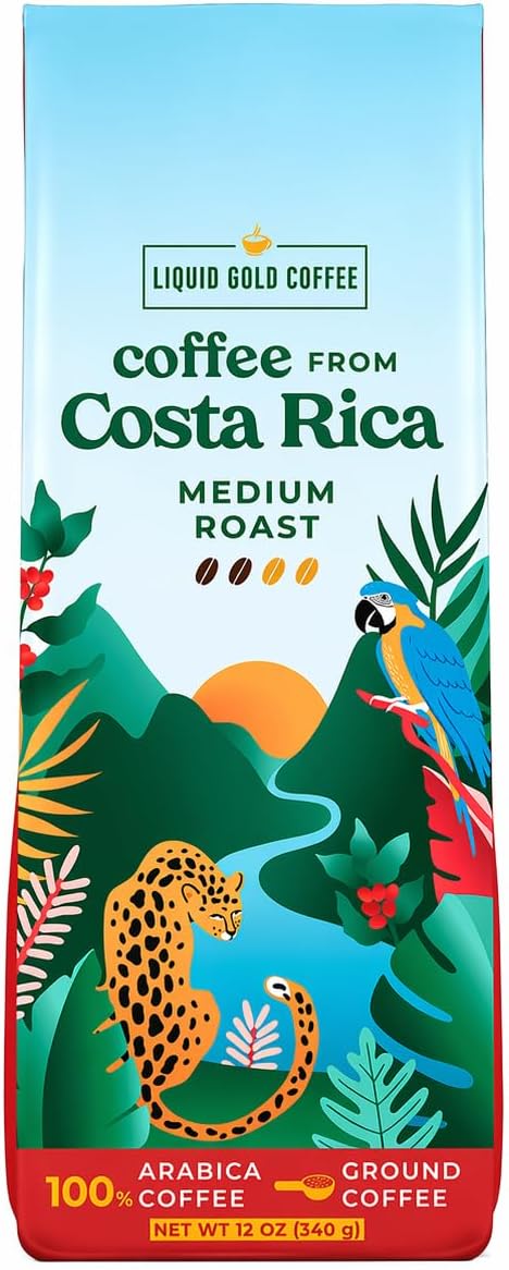 Liquid Gold Coffee from Costa Rica Medium Roast Ground - 1 bag (12oz) - 100% Fresh Arabica Beans - by - Local Athentic Sourced from Costa Rican Farmers