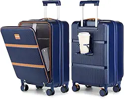 Mala de mão aprovada por companhias aéreas com bolso frontal, capa rígida de 50 cm com suporte de copo, mala de mão com rodas giratórias para homens e mulheres, Azul, 20 Inch, Mala de mão com
