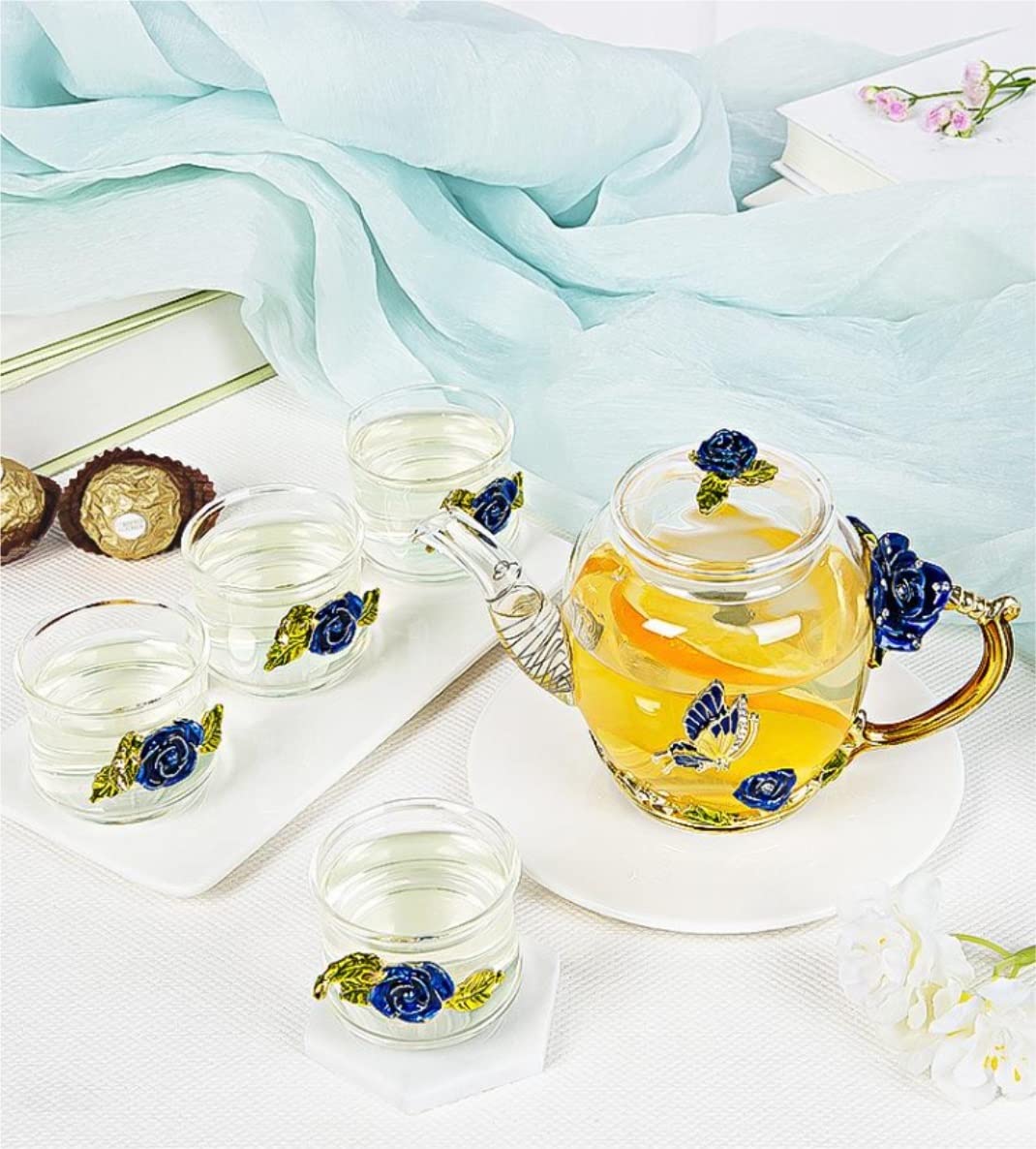 Juego Té Tetera 7 Uds Juego De Tazas Té Esmaltadas Tetera Vidrio Estilo Europeo Hogar 6 Flores Simple Negocios Artículos Hogar(Blue Rose)