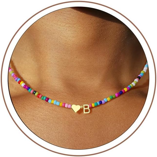 Turandoss Colorful Beaded Initial Necklaces for Women Girls, 14K-Gold-Plated Heart Letter A-Z Pendant Dainty Summer Jewelry Personalized Birthday Gifts for Teen Girls