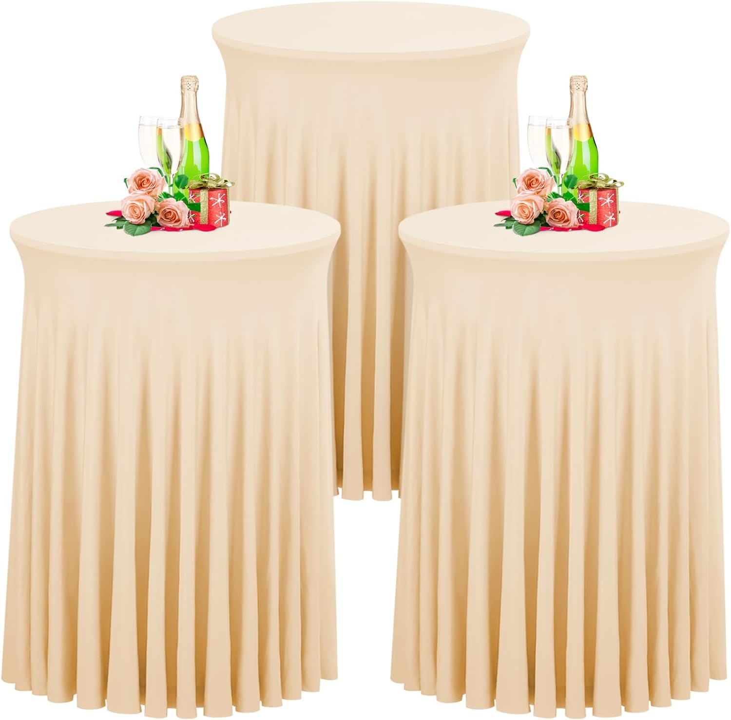 babenest 28"x 43" round cocktail table skirt, 3 pack spandex stretch round tablecloths natural wavy drapes, fitted high top bar cocktail table covers for wedding party birthday banquet (champagne)