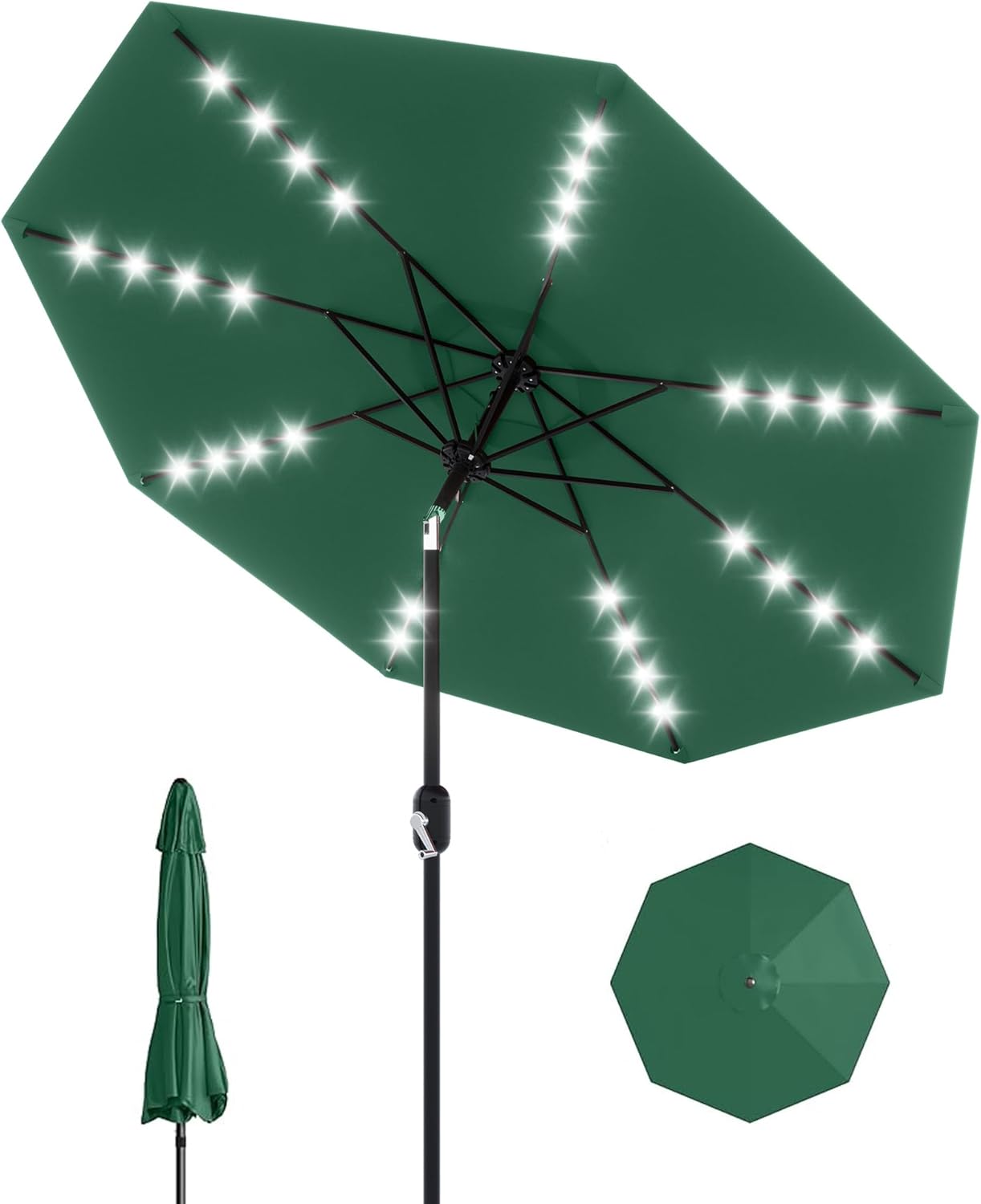 GarveeLife 9 ft Patio Umbrella with Solar Lights, Outdoor Table Umbrella with 32 LED Lights & Tilt Crank, 8 Ribs Market Table Umbrella for Pool, Deck, Backyard, Dark Green