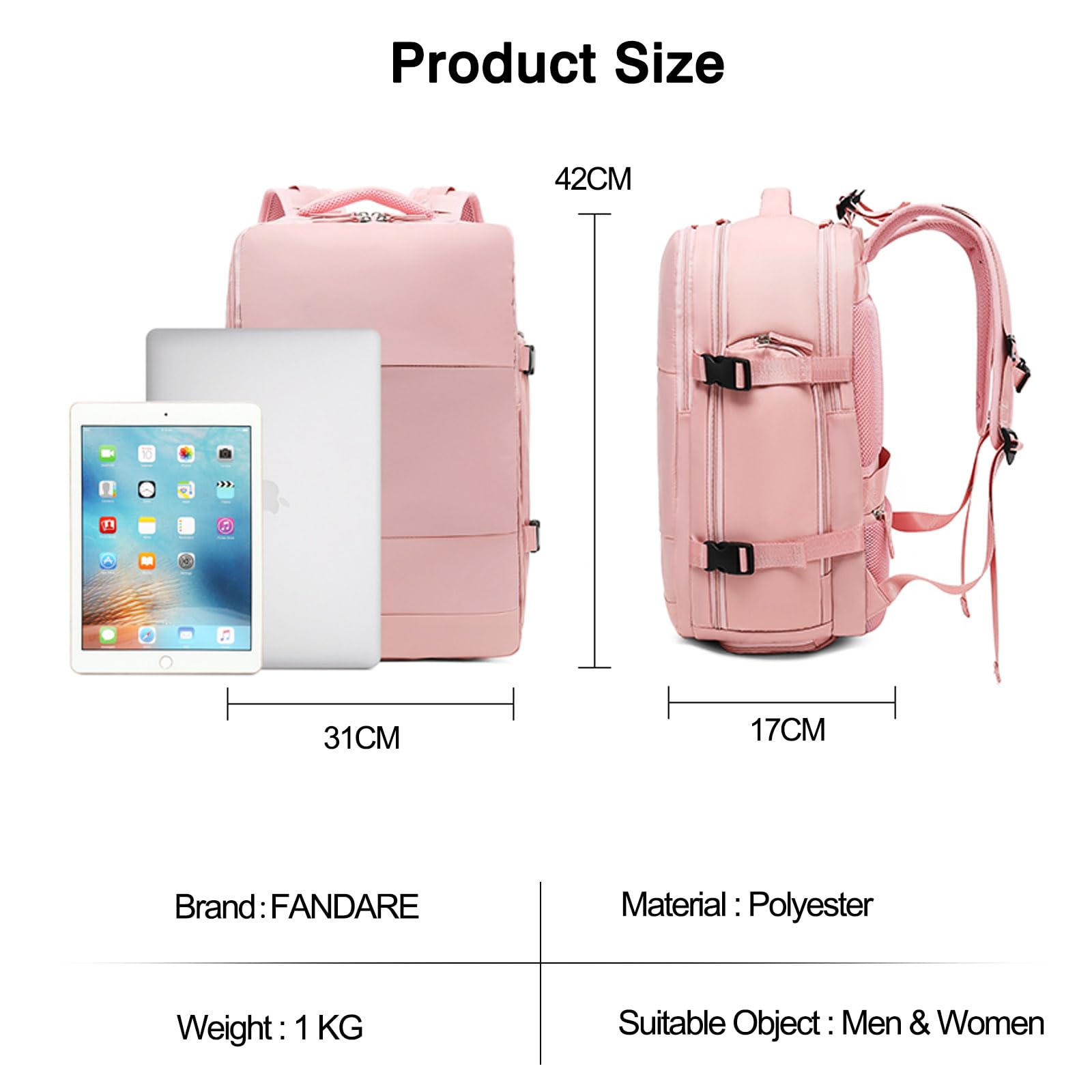 FANDARE Unisex Zaino Casual Zaino pc 15.6 pollici con porta di ricarica USB zainetto con chiusura a 180° Borsa da Cabina per Voli Zaino Lavoro viaggio Ufficio Zaini Scuola Università Nero