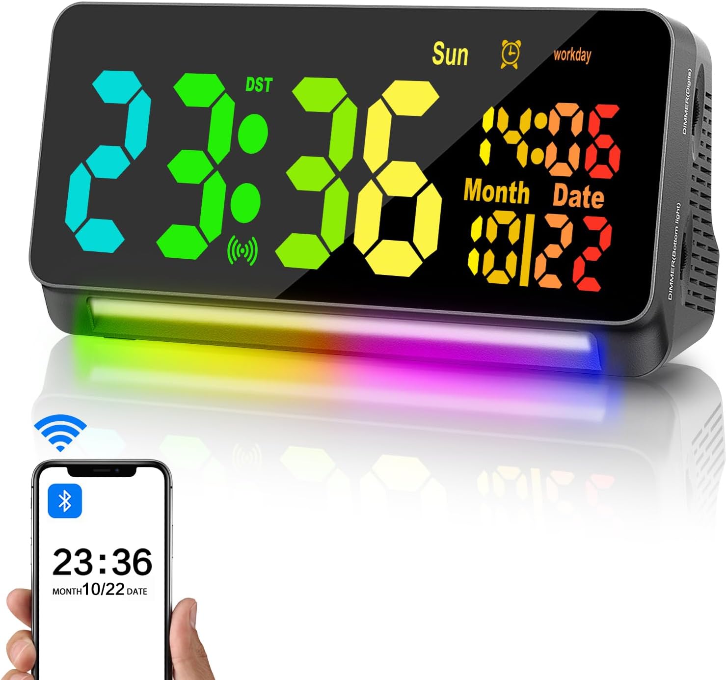 Samshow 120db Super Loud Alarm Clock Heavy Sleepers Adults, Loud Alarm Clock Bluetooth Sync Time,15 Wake Up Sounds, 7 Color Night Light, Dynamic RGB Color, 0-100% Dimmer, Snooze,DST, LED Dispay