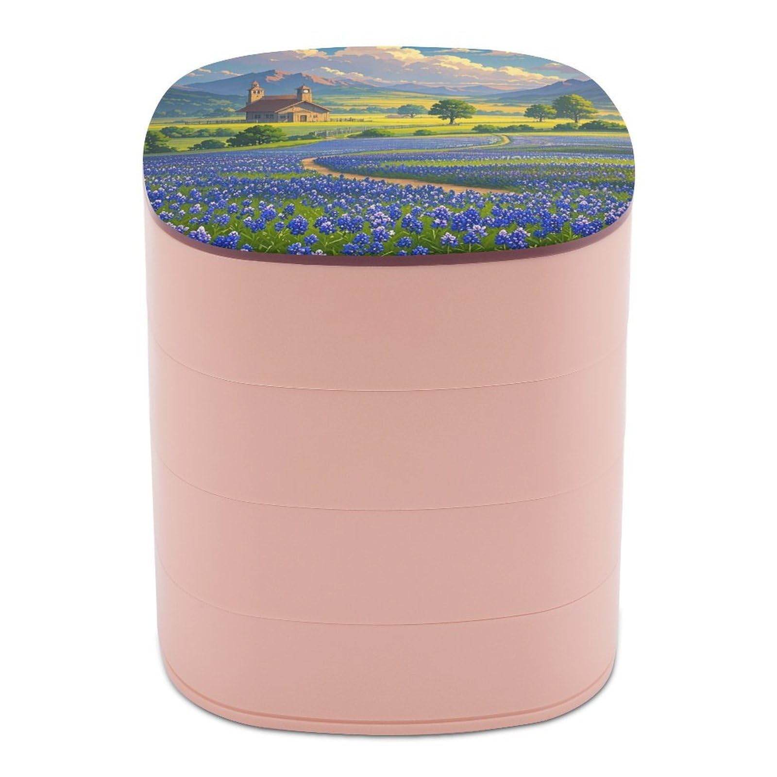 FekiLoot Rotating Texas Bluebonnets Scenery Jewelry Box Large Capacity Jewelry Organizer with Mirror 4 Tier Hoop Ring And Earring Holder With Lid Small Travel Jewelry Case for Women