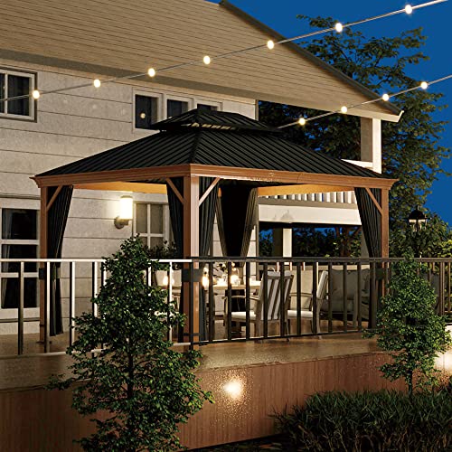 Happatio 10' X 12' Hardtop Gazebo, Outdoor Wood Grain Frame Aluminum Gazebo, Double Roof Permanent Patio Gazebo Canopy With Netting And Curtains For Garden, Patio, Lawns, Parties (Grey) #TOP1