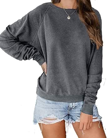 KIRUNDO 2023 Fall Women's Solid Color Sporty Sweatshirt Casual Loose Crew Neck Long Sleeve Pullover Ribbed Cuffs Hem Tops