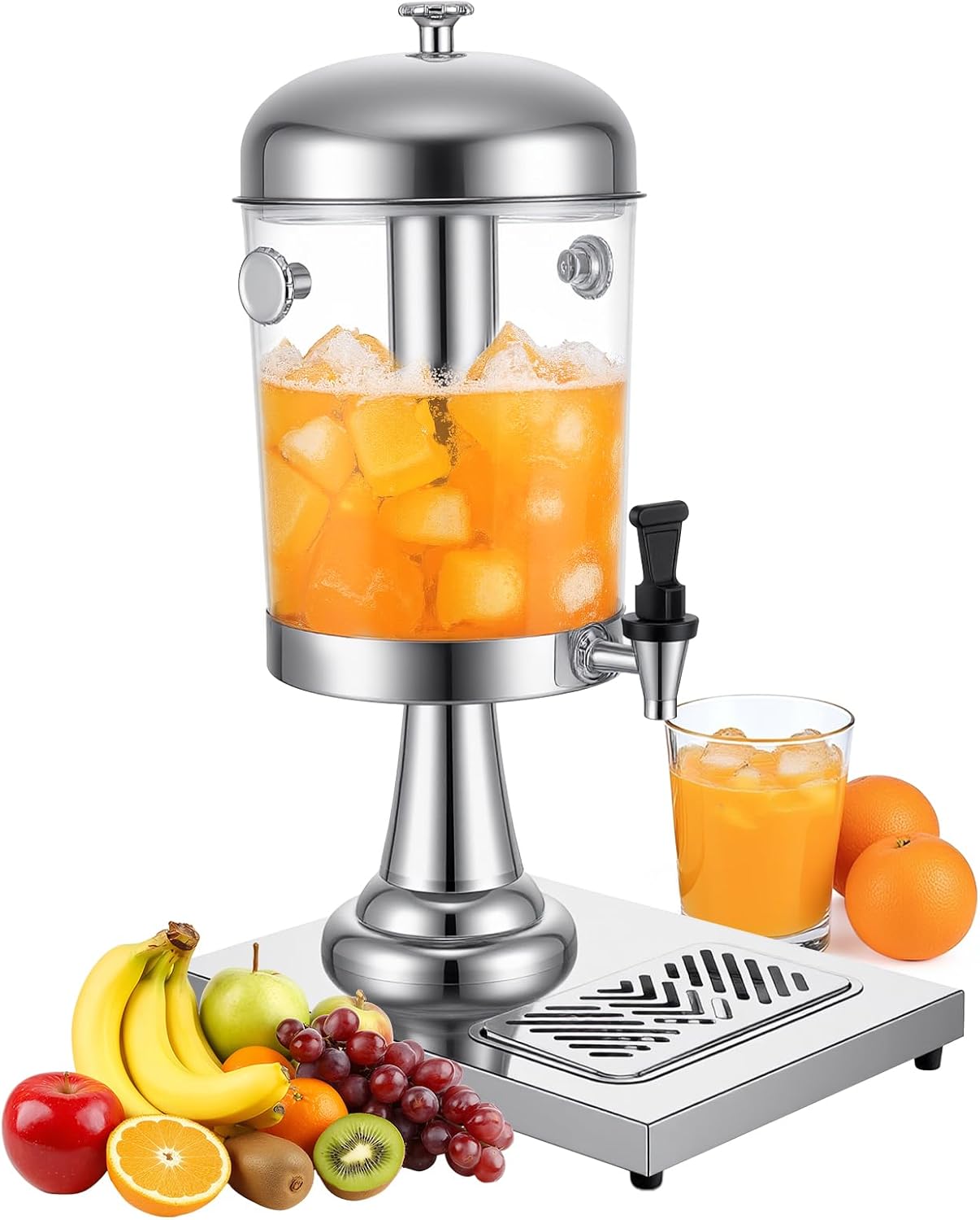 2.11 Gallon Beverage Dispenser,Silver Stainless Steel Juice Drink Dispensers with Ice Core, Leak-proof Spigot and Detachable Drip Tray for Parties, Weddings & Outdoor (silver, 2.11 Gallon)