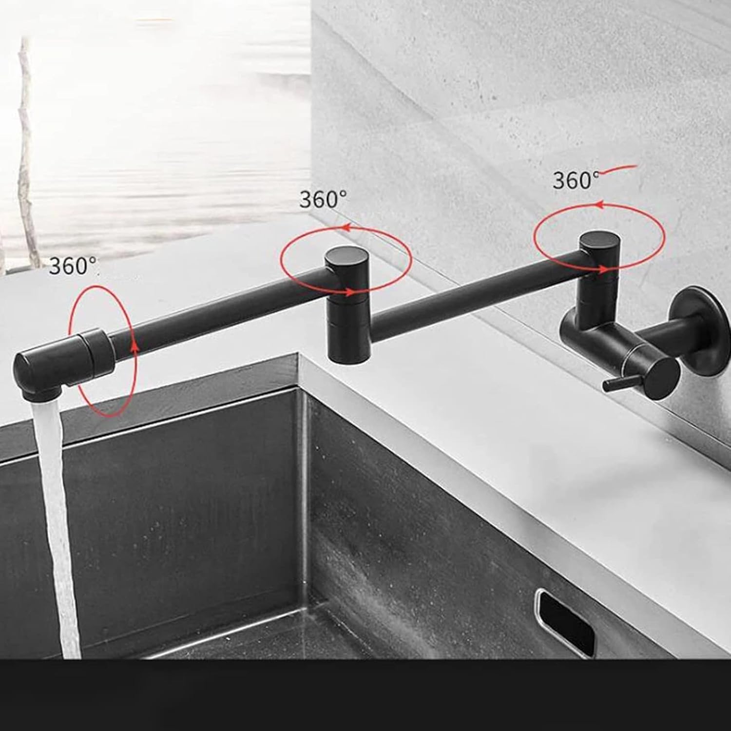 Black Pot Filler Faucet Wall Mounted Brass Single Cold Kitchen Telescopic Folding Extension Kitchen Sink Faucet with Double Joint Swing Arms,