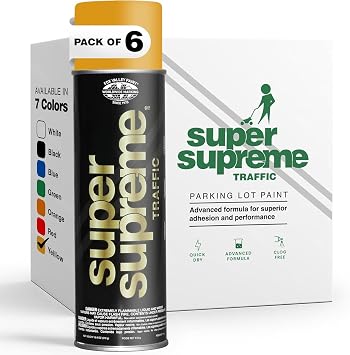 Fox Valley Super Supreme Traffic Marking Spray Paint 18oz 6-Pack, Fast-Drying, Long Lasting, Durable & Weather-Resistant - Marking Paint for Roads, Parking Lots, Sidewalks & Factory Floors, Yellow