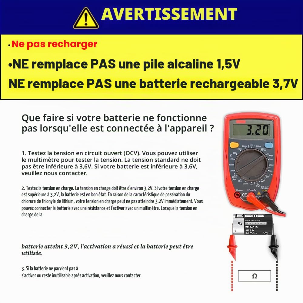 EEMB ER34615 D Cell 3.6V Batterie au Lithium Li-SOCL₂ Haute capacité Batterie Non Rechargeable LS-33600 SB-D02 XL-205F pour Machine-Outil CNC, Programmeur, Machine de Moulage par Injection etc. (8)