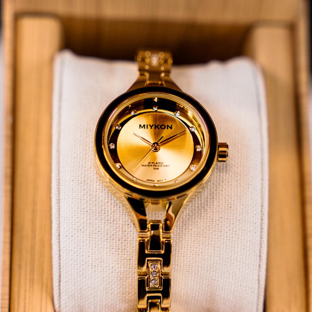Miykon Relojes de plata y oro para mujer, pequeño y delicado reloj para mujer con cristales auténticos, pulsera de joyería para mujer pulida con iones, vidrio resistente a los arañazos, cuarzo japonés