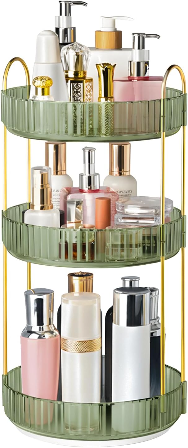 360° Rotating Makeup Organizer for Vanity, 3 Tier Perfume Organizers Skincare Organizers and Storage for Bathroom Countertop, Spinning Cosmetic Organizer for Bedroom Dresser Counter (Green)