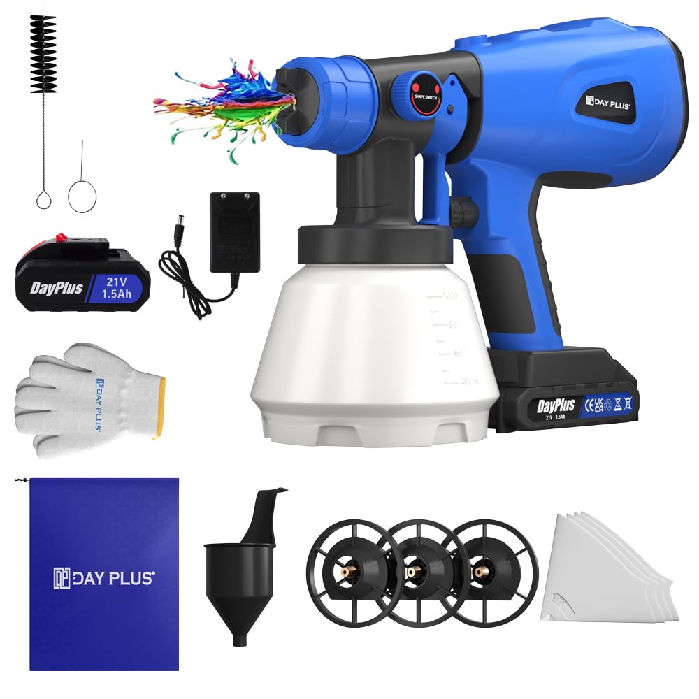 Elektryczny pistolet natryskowy do farby, 21 V, akumulator 600 W, system natryskowy z 3 wzorami i 4 dyszami, 1000 ml, pistolet lakierniczy HVLP, elektryczny pistolet do lakierowania ścian, sufitów,