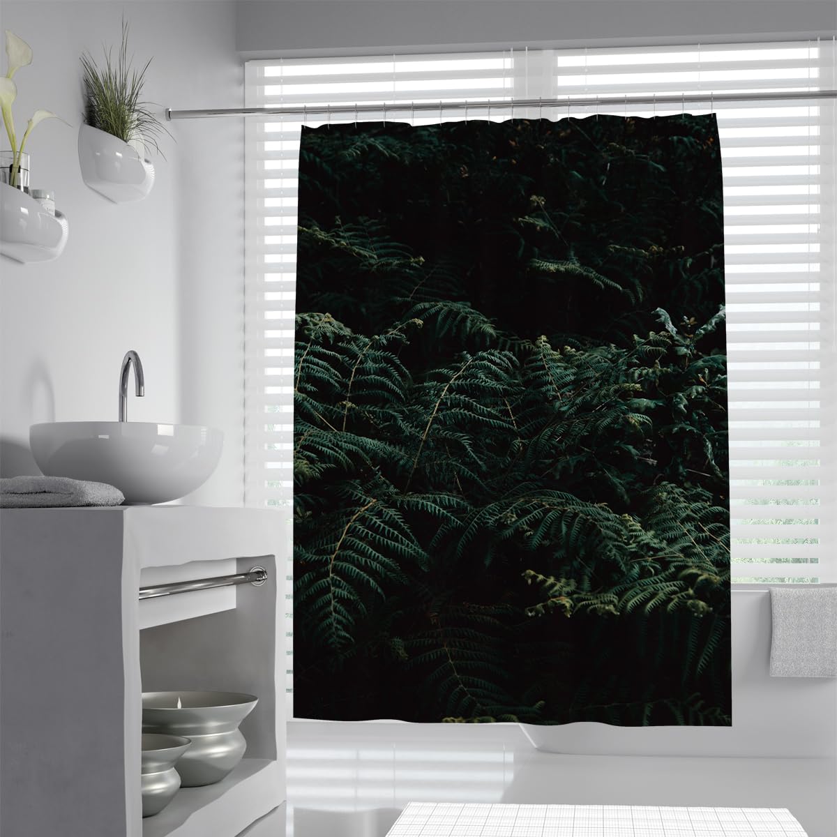 UIRINGART Dark Green Fern Bath Curtain W180xL220cm Botanical Rainforest Ferns Pattern Waterproof Fast Drying Rustproof Grommets Bath Drape with Hooks