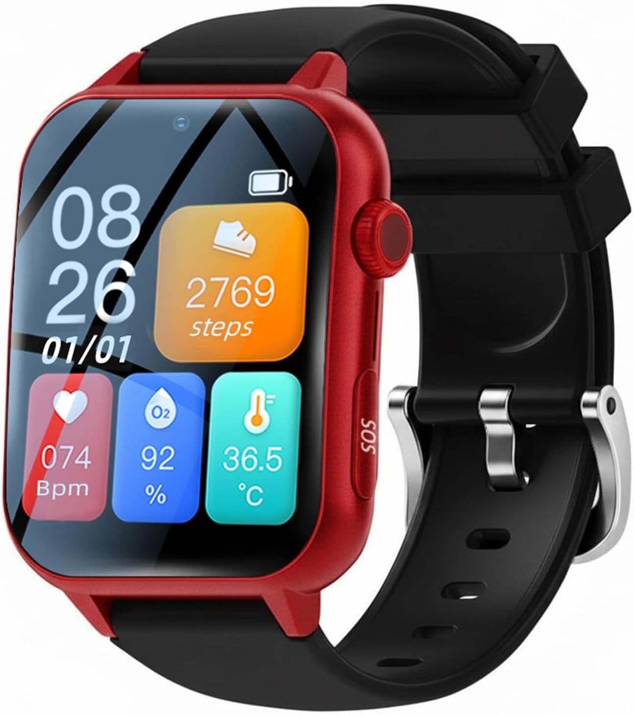 X&Z-XAOY Montre Intelligente pour Seniors Appel Vidéo HD Détection Chute GPS IP67 Waterproof Fall Alert Red