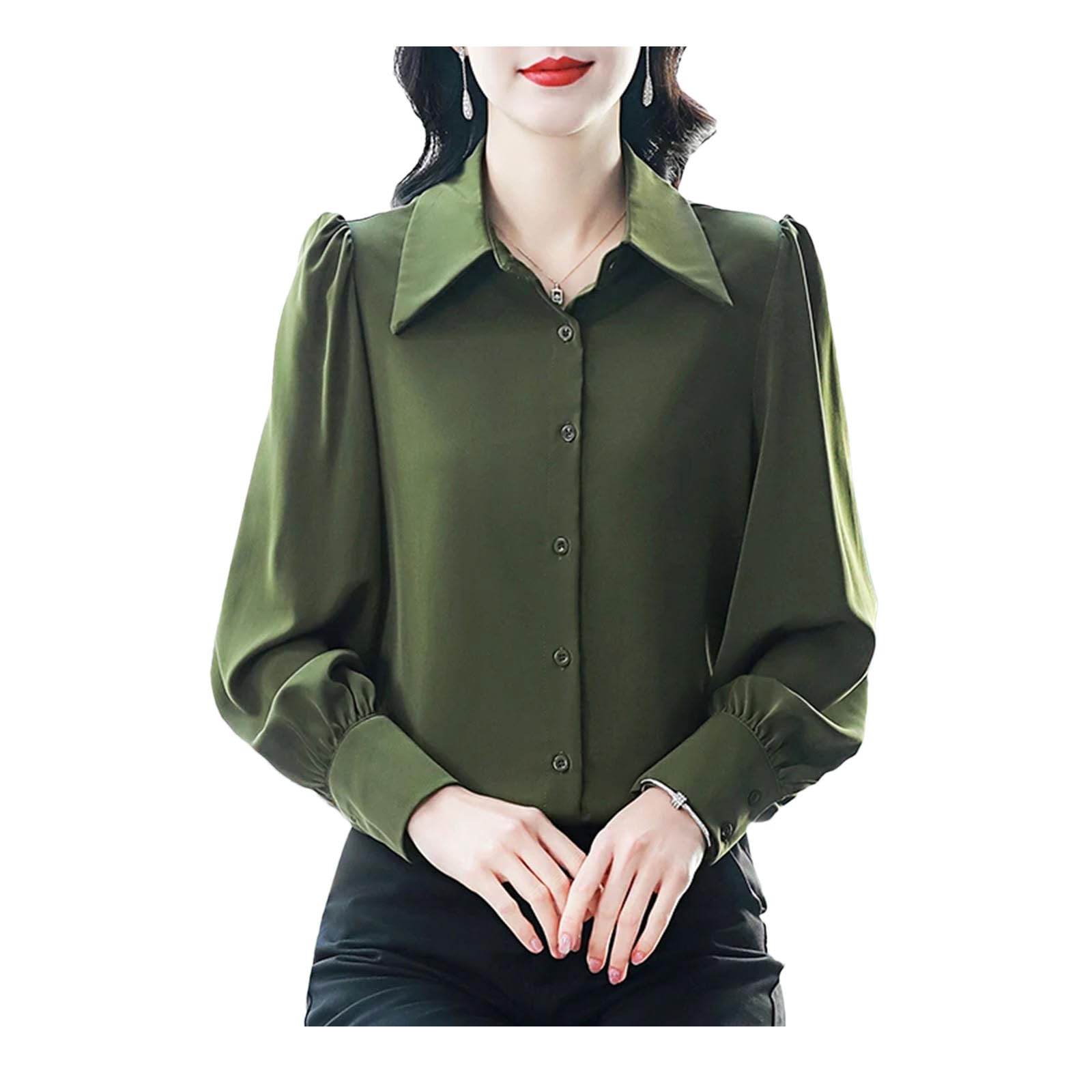 Camicette da donna primaverili con bottoni a volant per donne casual da lavoro a maniche lunghe in raso camicette top