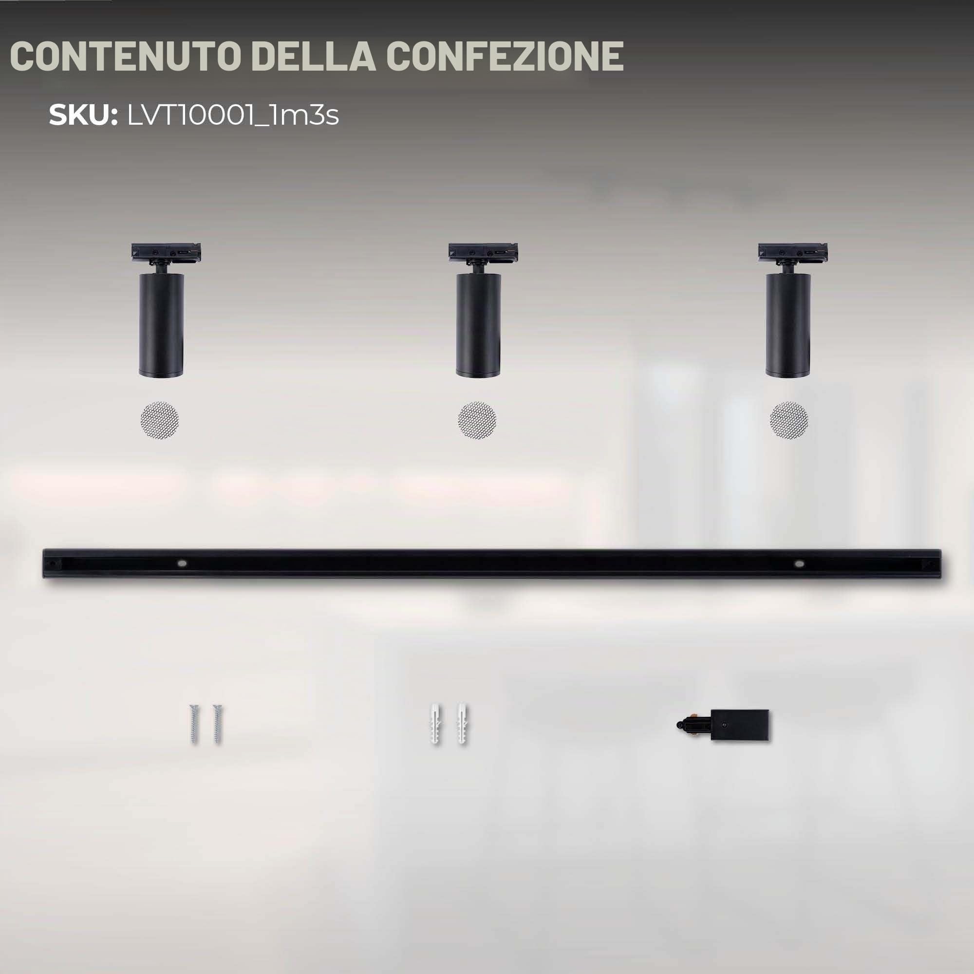 Ledvion Sistema di Binario 1m Monofase Nero 3 faretti senza lampadina GU10