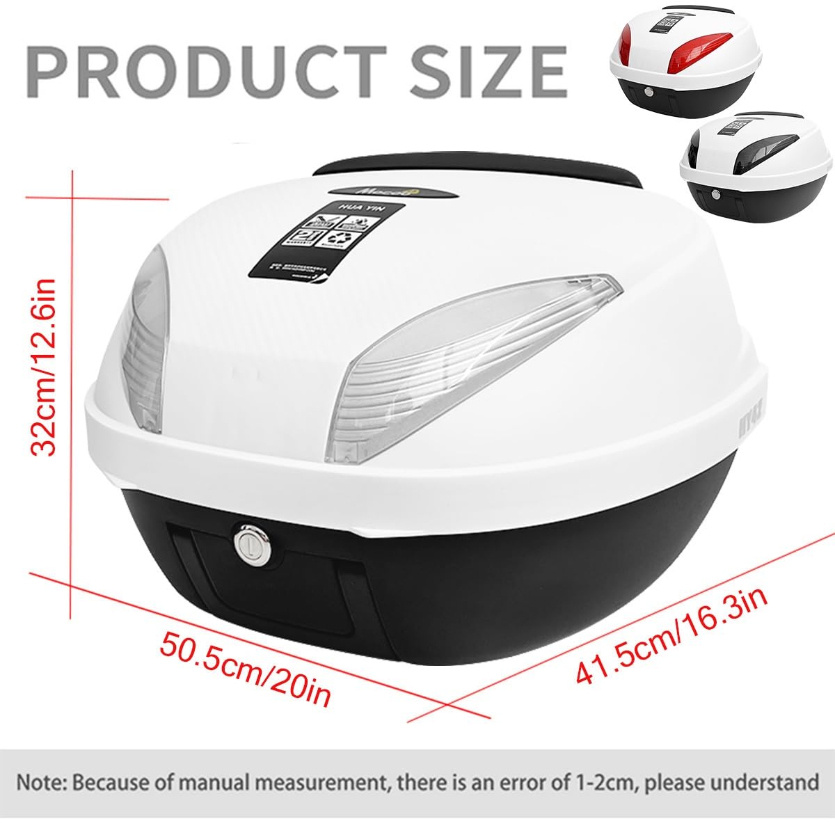 Motorradkoffer Top case Motorrad Tour Heckbox Kofferraum 42L Koffer,Scooter Kunststoffkoffer für Helmgepäck,wasserdichte Motorrad Top case abschließbar mit Rückenlehne,Platte - Weiß(Schwarz)