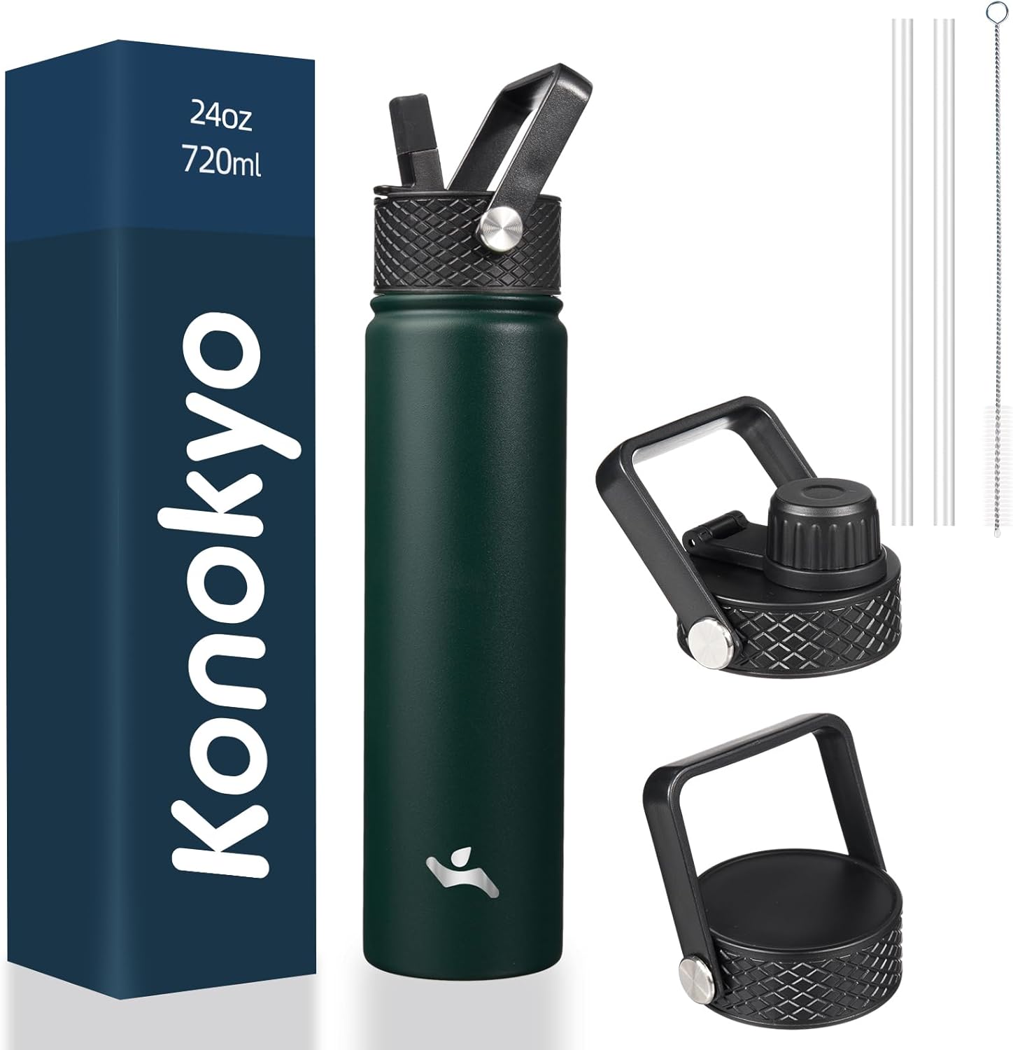 Insulated Water Bottle 24oz Stainless Steel Sport Bottles with 3 Lids,Army Green