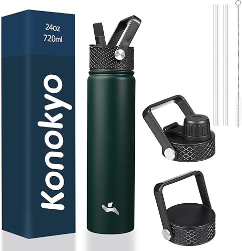 Botella de agua con aislamiento térmico de acero inoxidable de 24 onzas con 3 tapas, verde militar