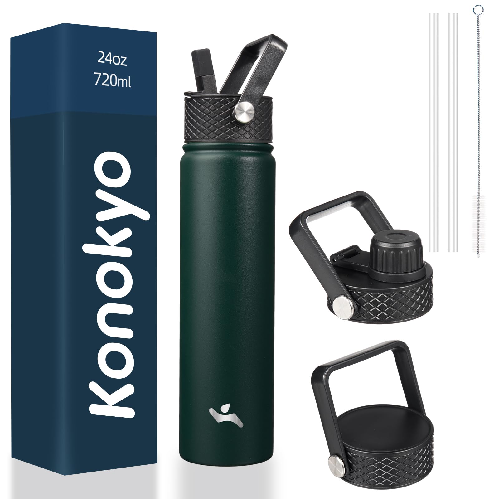 Konokyo Insulated Water Bottle 24oz Stainless Steel Sport Bottles with 3 Lids,Army Green