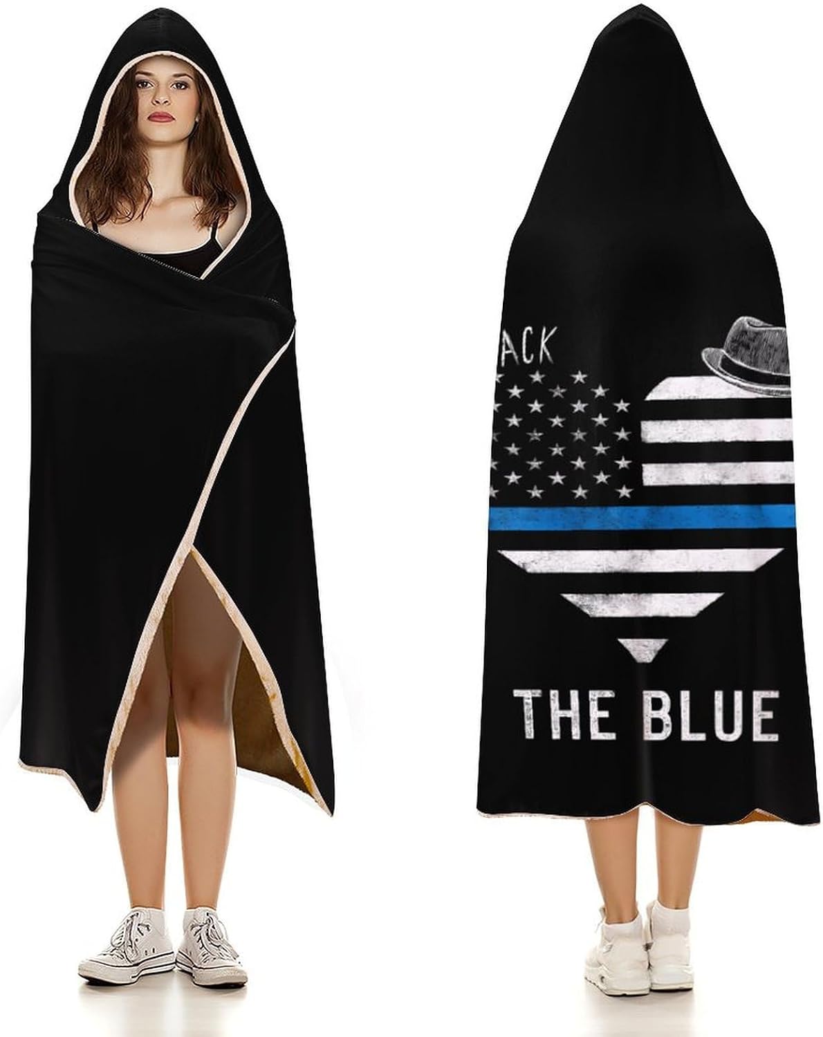 Back The Blue Police Line Flag Wearable Blanket Oversized Throw Cape | Cozy Hooded Blanket Gifts for Women Men