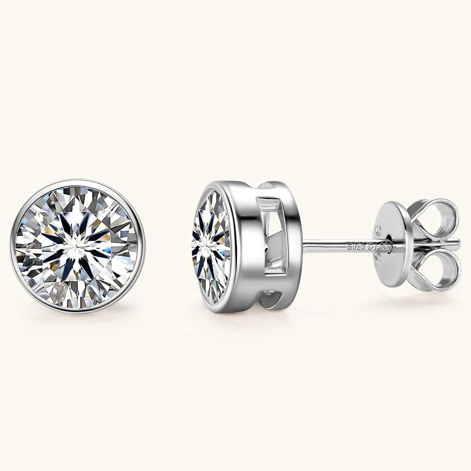 Moissanite Stud Earrings for Men, 1ct-4ct D Color Round Cut Moissanite, Sterling Silver Bezel Earrings for Women Wife Anniversary Birthday Gift