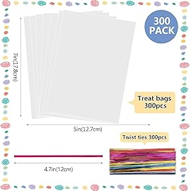 SOMIOCO Small Cellophane Treat Bags 5 x 7 300 Cnts Clear Plastic Gift Goodie Bags for Small Business, Bakery, Cookie, Candies, Soaps, Party Favors Packaging with 300 Pcs Color Twist Ties