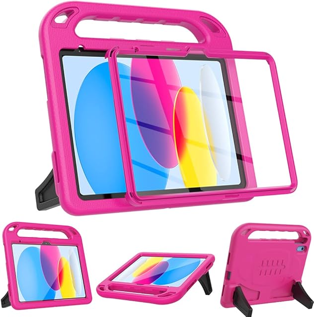 Surom Kids Case with Built-in Screen Protector for New iPad 10.9 Inch 2022 (10th Generation), iPad 10.9 2022 Kids Case, Light Weight Shock Proof Handle Stand Case for iPad 10th Gen 10.9" 2022, Rose