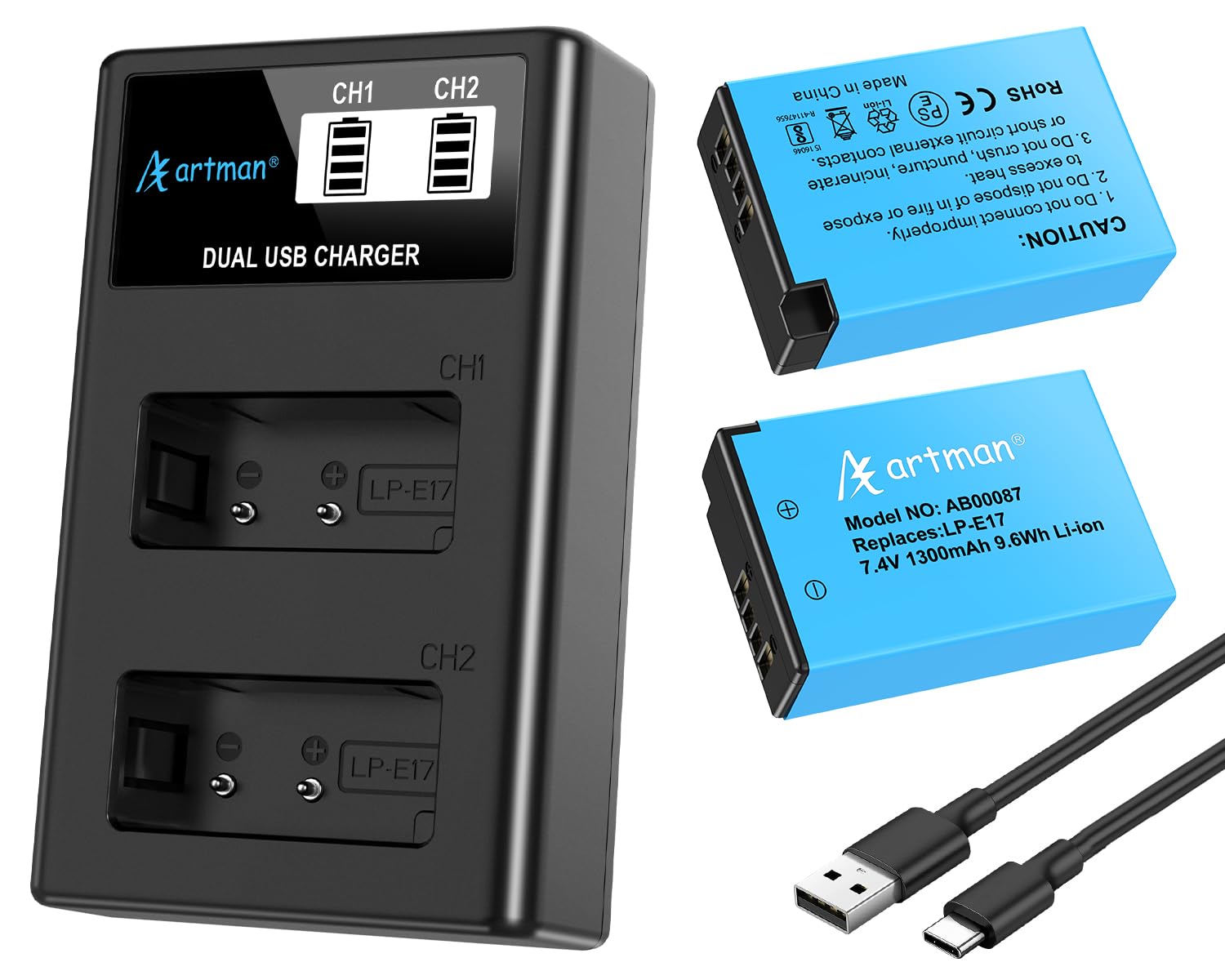 Artman LP-E17 Battery 1300mAh and Dual USB LCD Charger Compatible with Canon EOS R8 R10 R100 RP Rebel SL3 SL2 T8i T7i T6i T6s EOS M3 M5 M6 EOS 200D 250D 77D 750D 760D 800D 850D 8000D (2-Pack)ClimatePartner certified