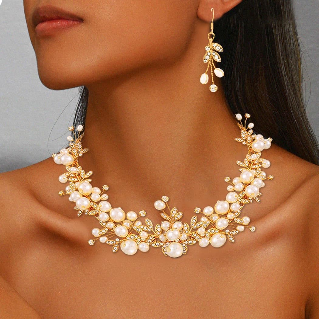 JAKAWIN Pearl Wedding Necklace and Earring Set Bridal Jewelry Set Gold Rhinestone Formal Necklaces for Brides and Bridesmaids - Image 7