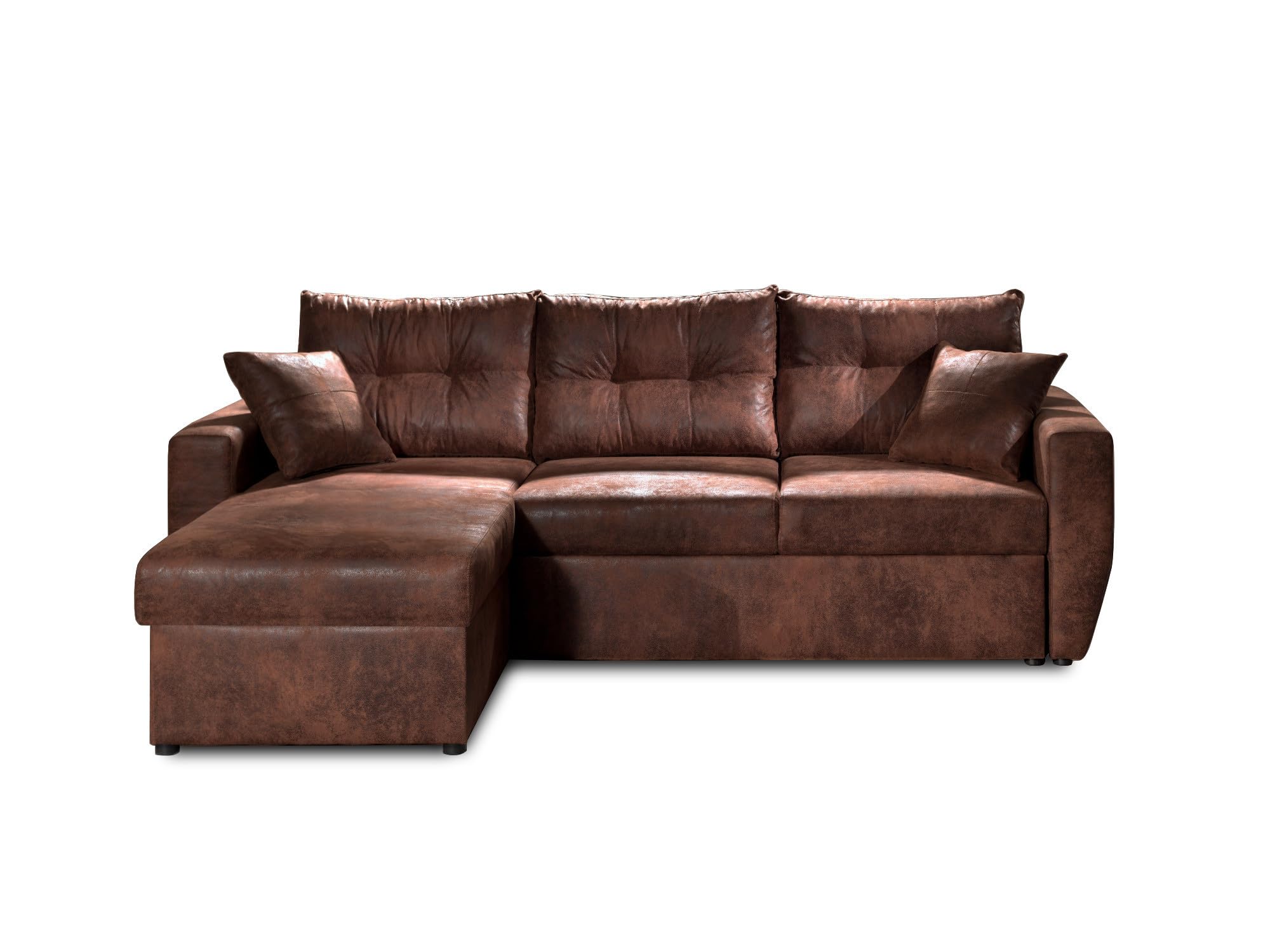 Bestmobilier Astoria - 4-Sitzer Ecksofa beidseitig montierbar - mit Schlaffunktion und Bettkasten - Industrieller Stil Braun