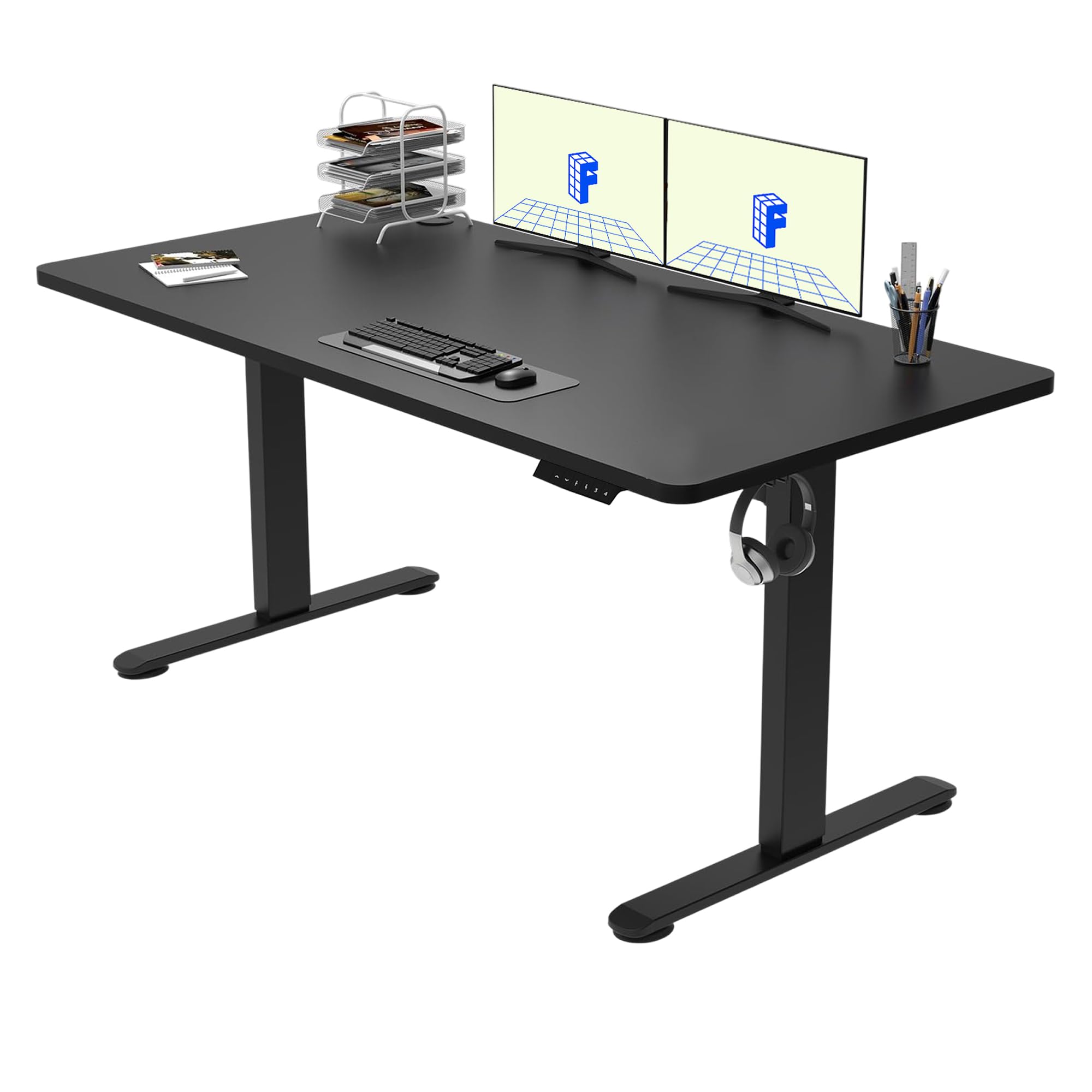 FLEXISPOT QN1 140 * 60cm Electric Height Adjustable Standing Desk Sit Stand Up Desk with Backpack Hook Memory Smart Panel, Black