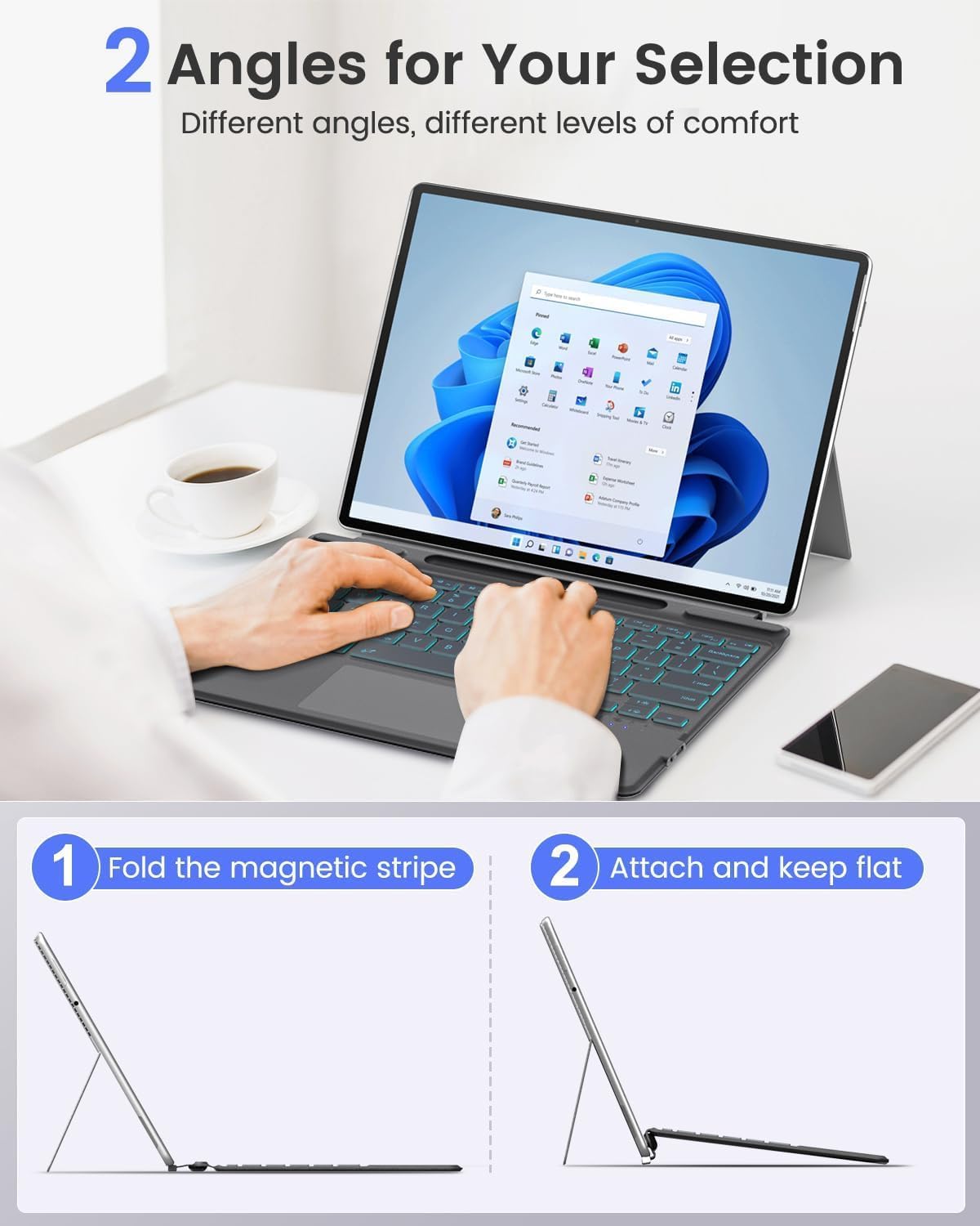 MoKo for Surface Pro 11 Keyboard, Ultra-Slim Portable Wireless Bluetooth Microsoft Surface Pro 11/10/9/8/X Keyboard with Palm-Rejection Trackpad, 7-Color Backlit, Pen Holder, Long Battery Life, Black