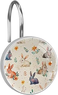 Juego de 12 ganchos de cristal para cortina de ducha, anillos para decoración de baño, bonito conejo colorido