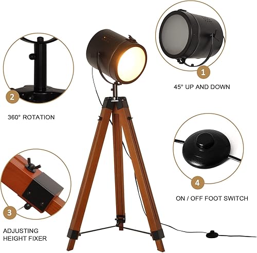Miniatura 4 de Lámpara de pie redonda con trípode industrial, lámpara de pie alta negra contemporánea con pata de madera, foco retro vintage estilo granja E26,