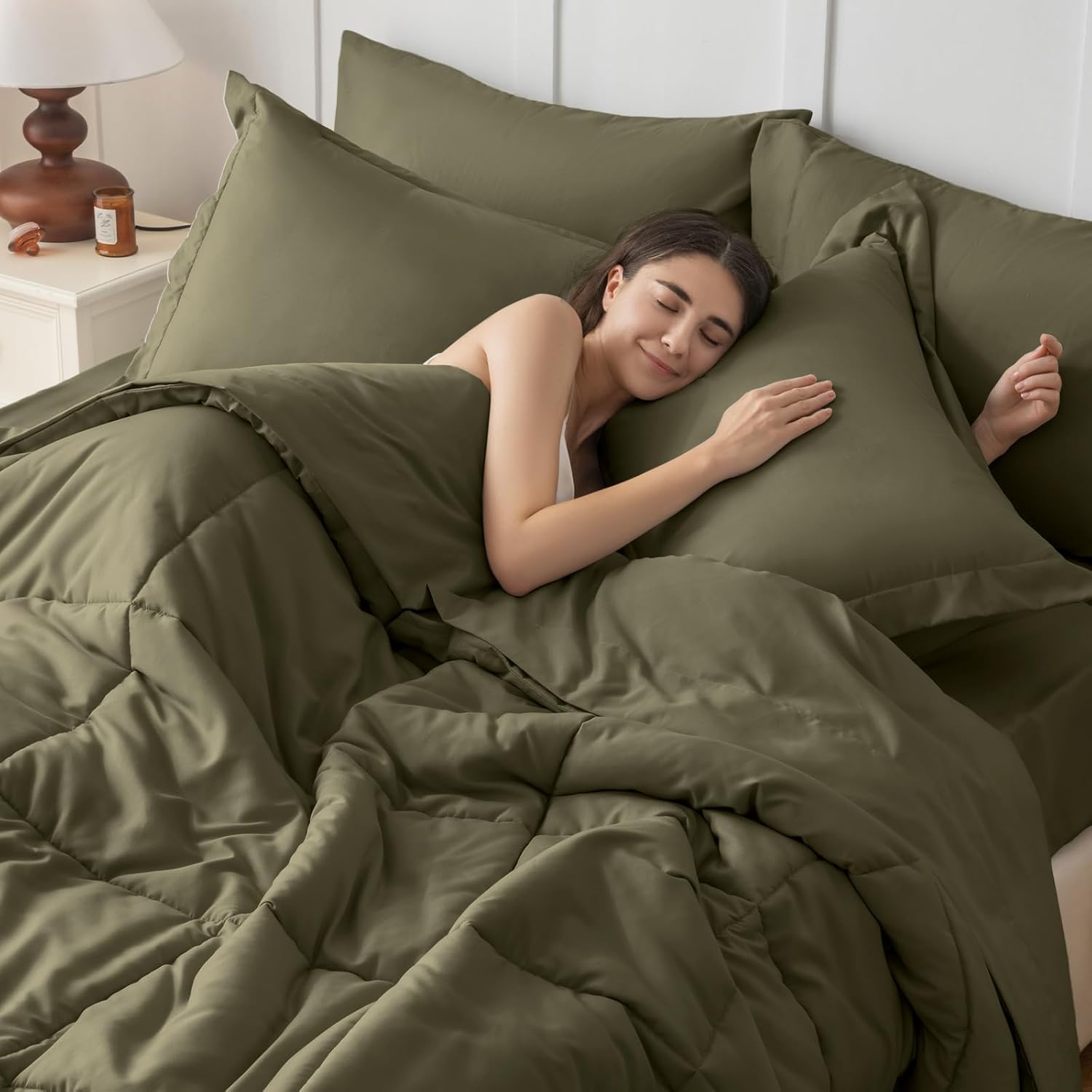 JOLLYVOGUE Twin Comforter Set, Ultra-Soft Bed in a Bag Twin Size 5 Pieces, Oeko-TEX Certified Bedding Set with Down Alternative Comforter, Sheets, Pillowcases & Shams, Olive Green thumbnail