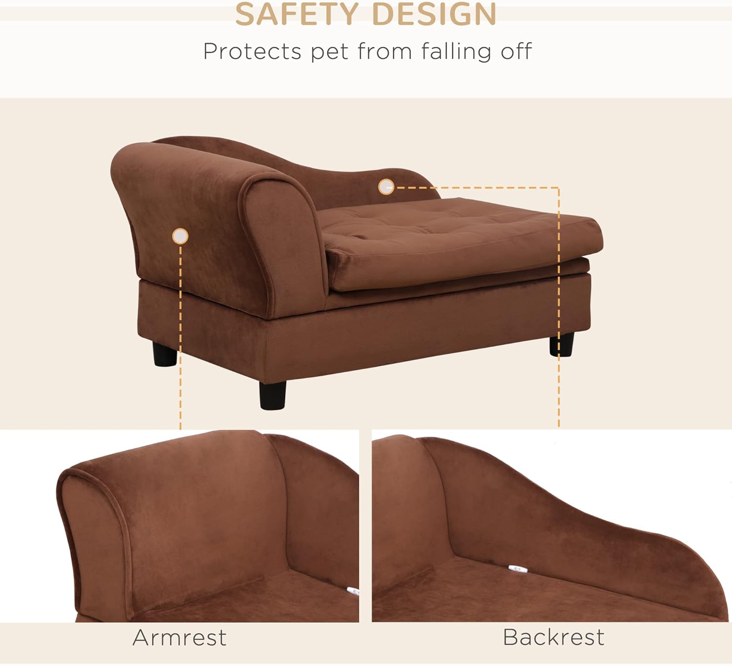Dog Sofa Bed with Hidden Storage, Pet Couch for Small Dogs, 3" Foam Cushion, Modern Pet Sofa for Puppies and Little Breeds - Brown