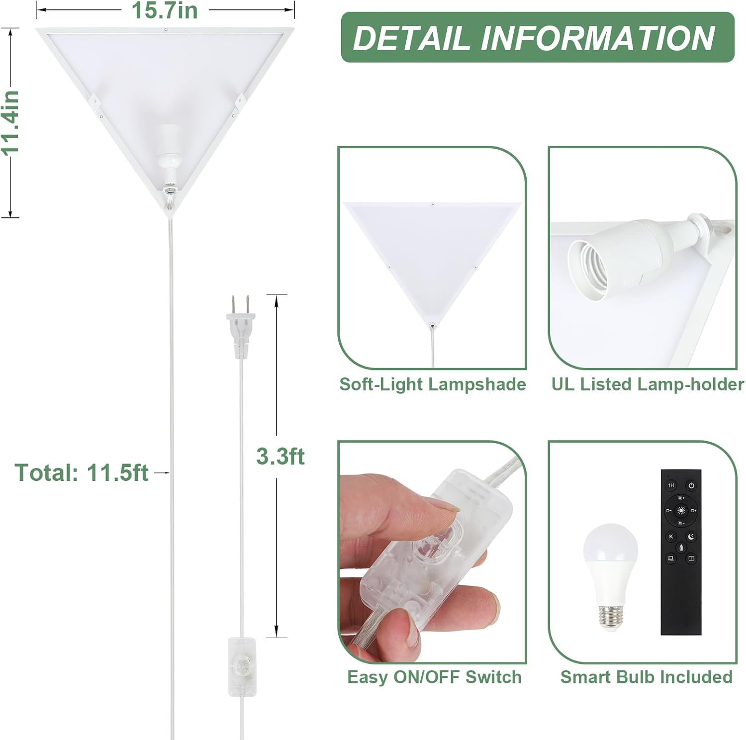 Dimmable Corner Lamp with Remote & Smart Bulb, Plug in Ceiling Light with Cord, Led Corner Lights for Living Room Bedroom Basement Office, Room-Saving Wall Light, Safe for Kids & Pets Design