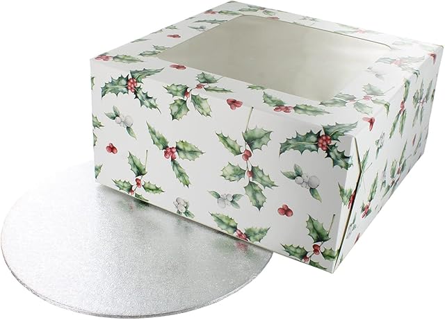 Culpitt Vintage Holly Cake Box and Silver Cake Board, Cake Drum and Box Combo - 10 inch