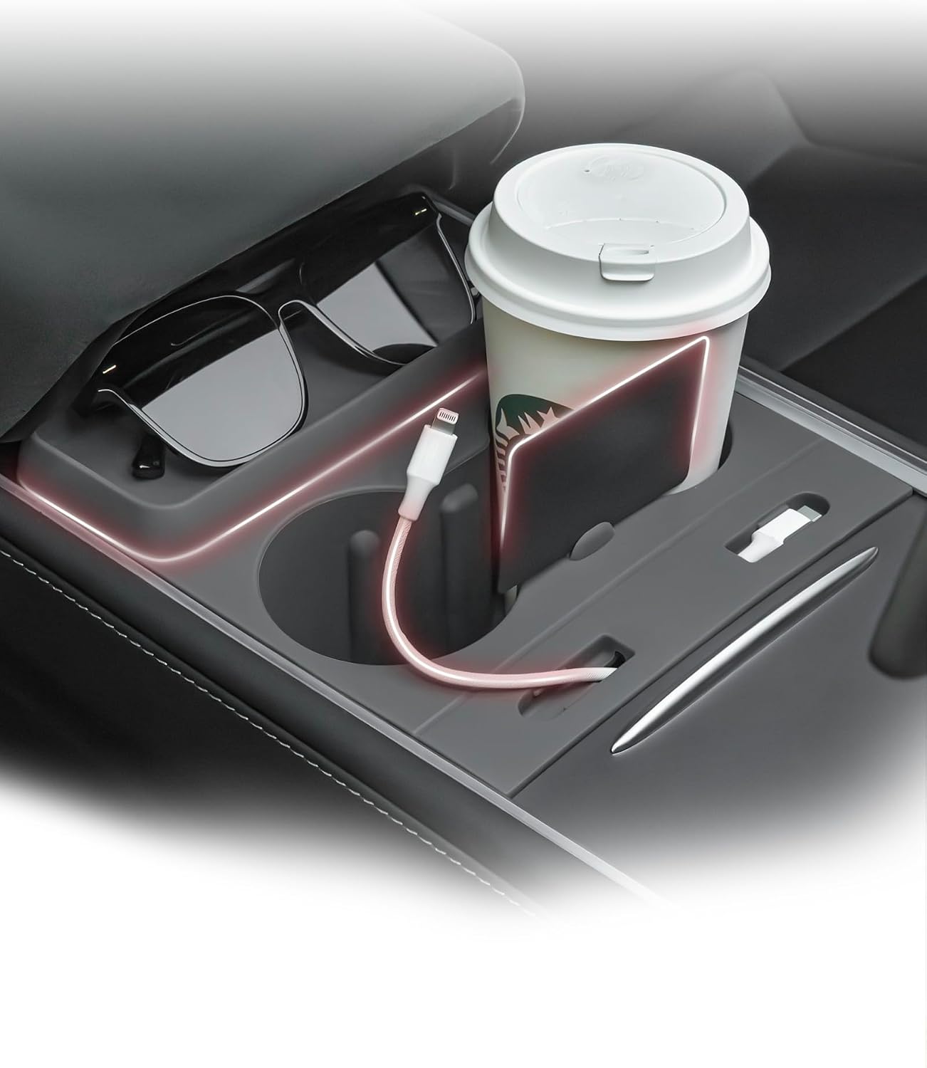 Cup Holder Insert for Tesla Model 3/Y, 4-in-1 with Charging Cable Storage Compartment Sunglasses & Card Holder Fits for 2021-2023 Model 3 and 2021-2024 Model Y Gray