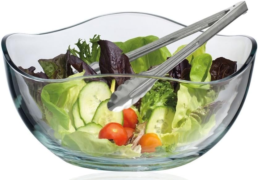 Large Wave Round Glass Salad Serving Bowl, with Salad Tong Serving Utensil