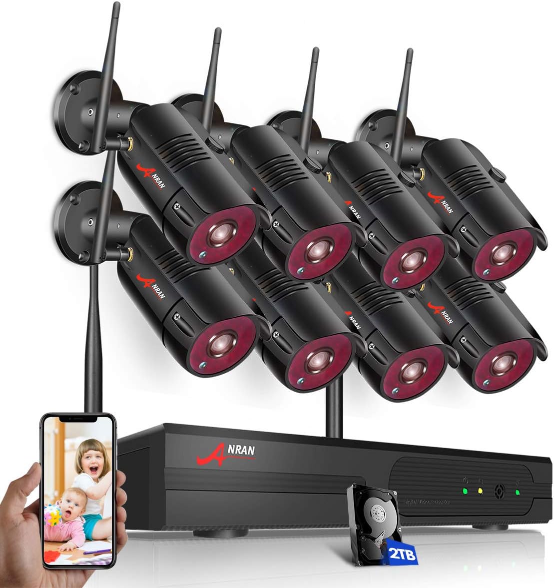 Wireless Home Security Camera System, ANRAN 8CH 1080P Complete Surveillance Systems with 2TB HDD, 8pcs 2MP Outdoor/Indoor Home Video Security Cameras with Night Vision, Motion Alert, Remote View