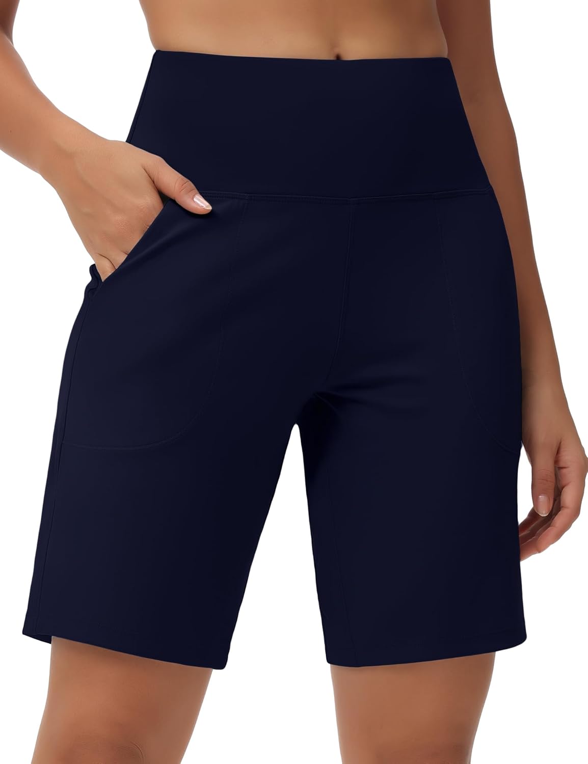 THE GYM PEOPLE Women's High Waisted Bermuda Workout Shorts Long Hiking Running Shorts with Zipper Pockets