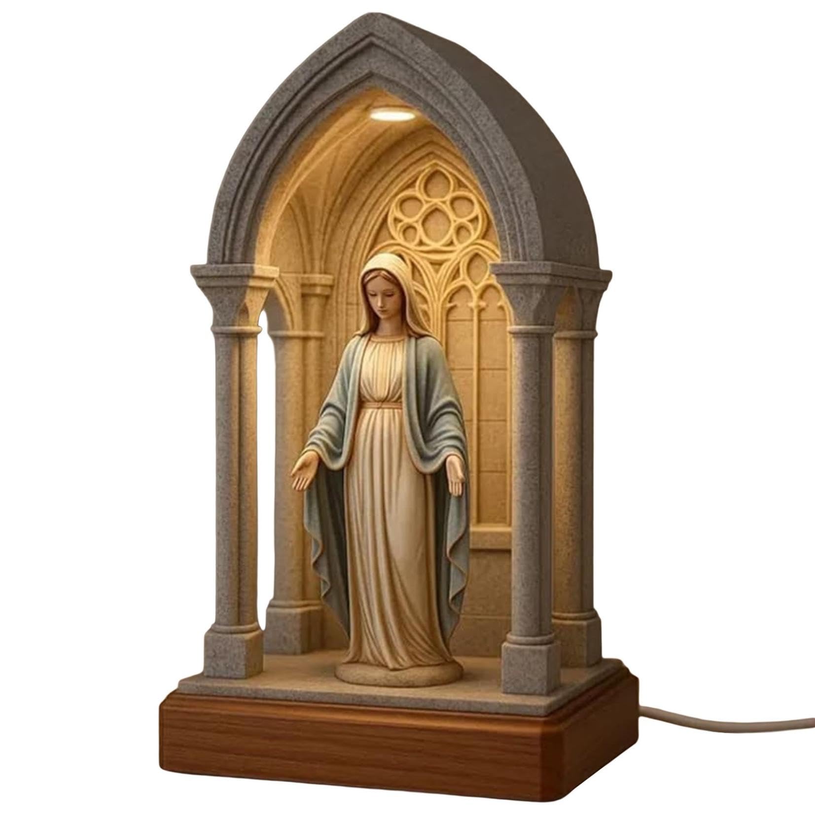 Mary LED Devotional Table Lamp, Elegant Sacred Mary Statue Night Light Handmade Catholic Decor Table Lamp, for Home Altar, Bedroom, Gift, Religious Decor