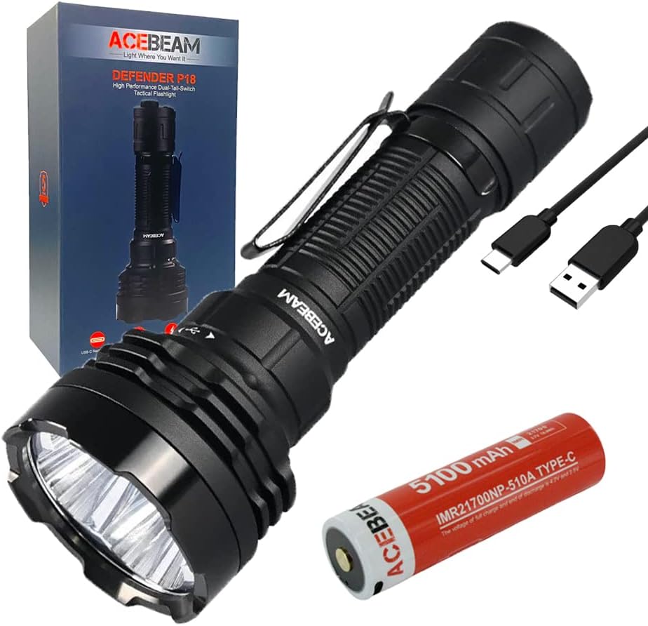 ACEBEAM Defender P18 Dual Switch Rechargeable Flashlight -5000 Lumens w/Eco-Sensa USB C Charging Cable