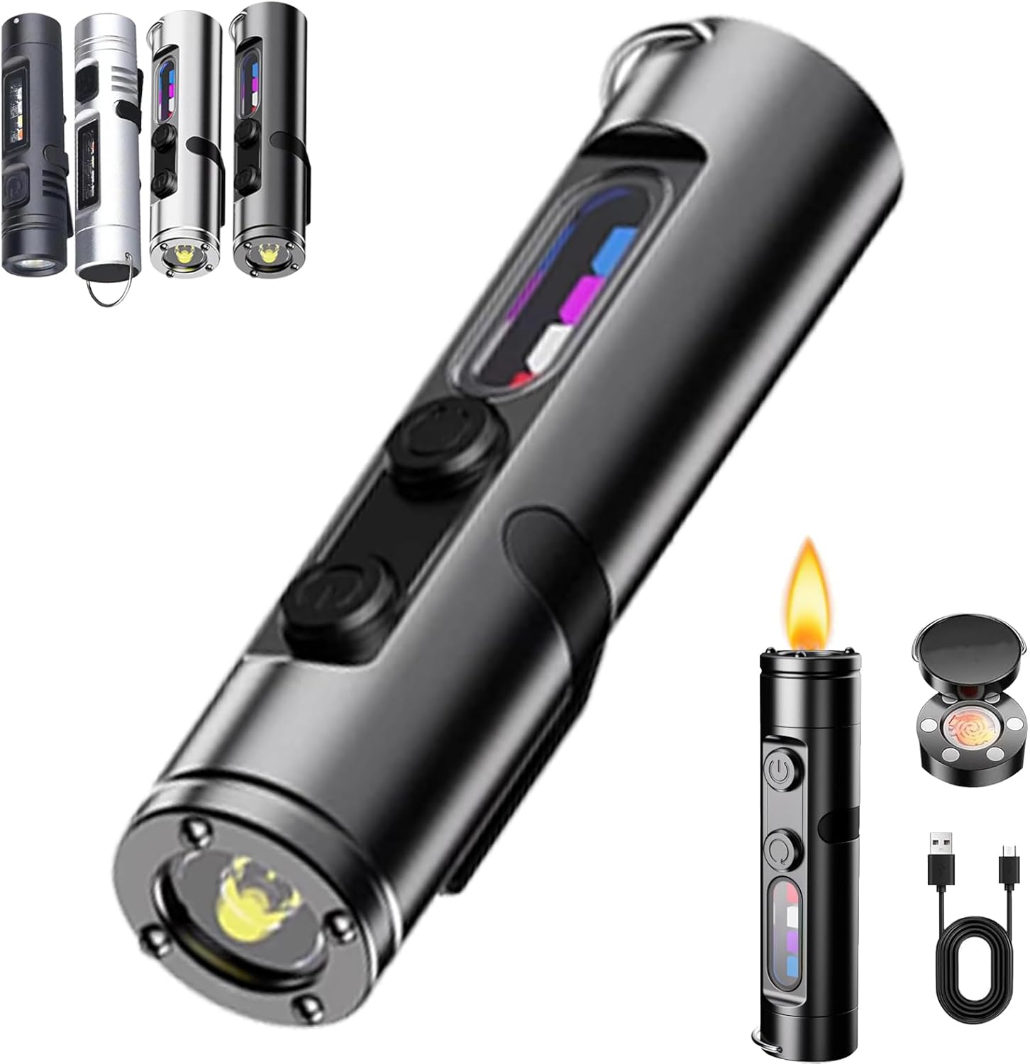 Pocket Rechargeable EDC Flashlight: Mini Keychain Light with Fire Starter, 500 Lumens Micro Torch & Tool Combo - Ultimate Everyday Carry Tactical (1, Black Ignition Version)